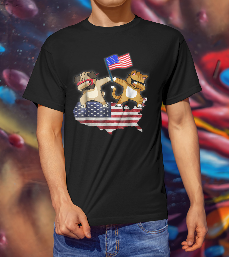 Dad Joke Loading Patriotic Pug And Cat Dabbing With American Flag USA Map T-Shirt