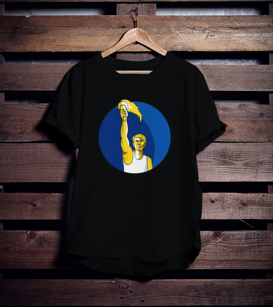 Athlete Holding Flaming Torch In Blue Circle Drawing T-Shirt