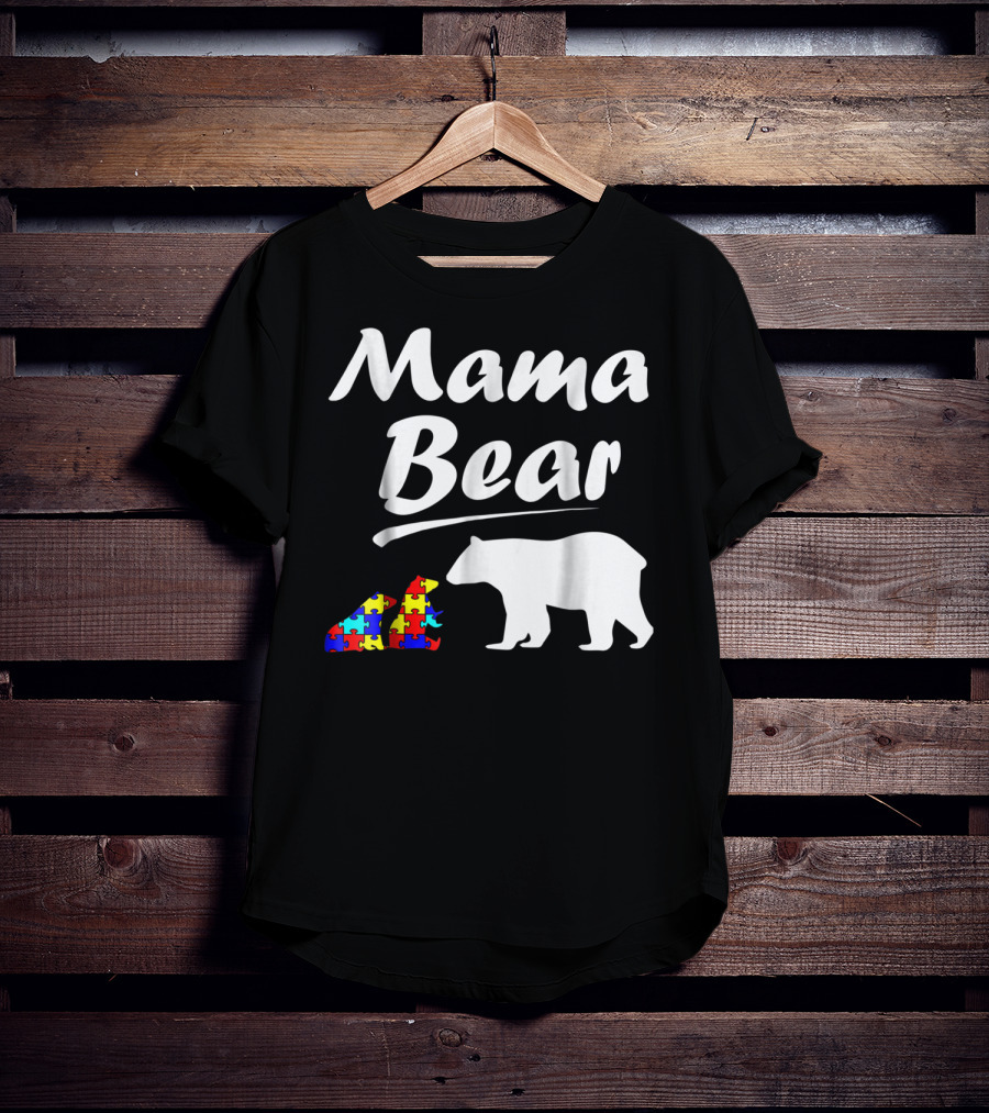 Mama Bear Autism Awareness Mom With Two Puzzle Piece Cubs T-Shirt