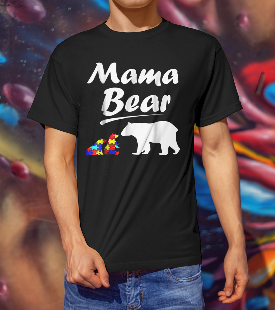 Mama Bear Autism Awareness Mom With Two Puzzle Piece Cubs T-Shirt