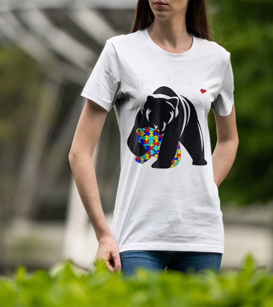 Mama Bear Autism Awareness Love Support Mom Puzzle Heart T-Shirt