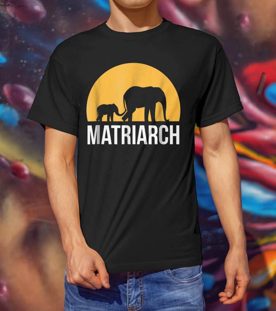 Matriarch Elephant Silhouette With Yellow Sunset Circle T-Shirt