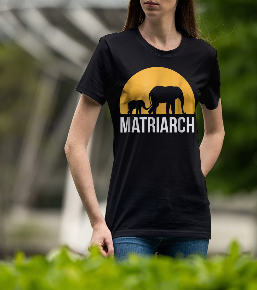 Matriarch Elephant Silhouette With Yellow Sunset Circle T-Shirt