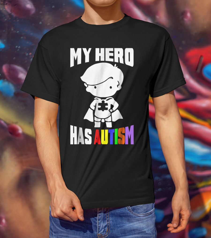 My Hero Has Autism Mom From Son56 Puzzle Cape Hero T-Shirt