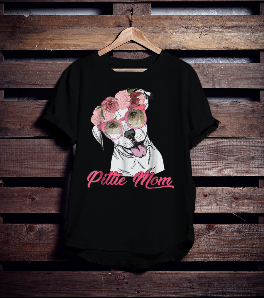 Pittie Mom With Flower Crown And Sunglasses Pitbull T-Shirt