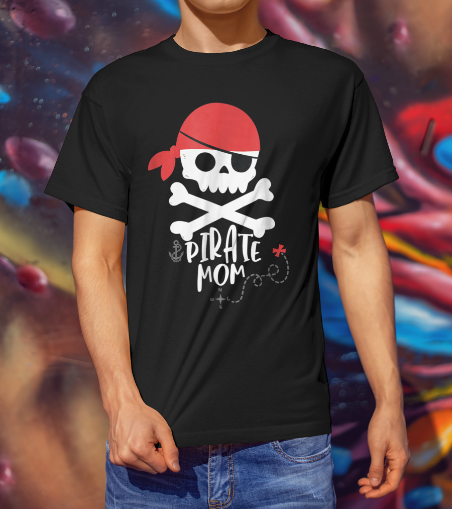 Pirate Mom Skull And Crossbones With Red Bandana Map Anchor T-Shirt
