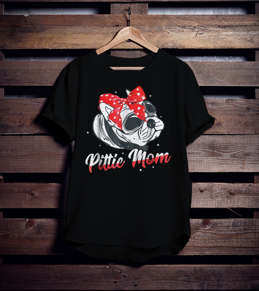 Pittie Mom American Pitbull Dog Lover Red Polka Dot Bow Glasses T-Shirt