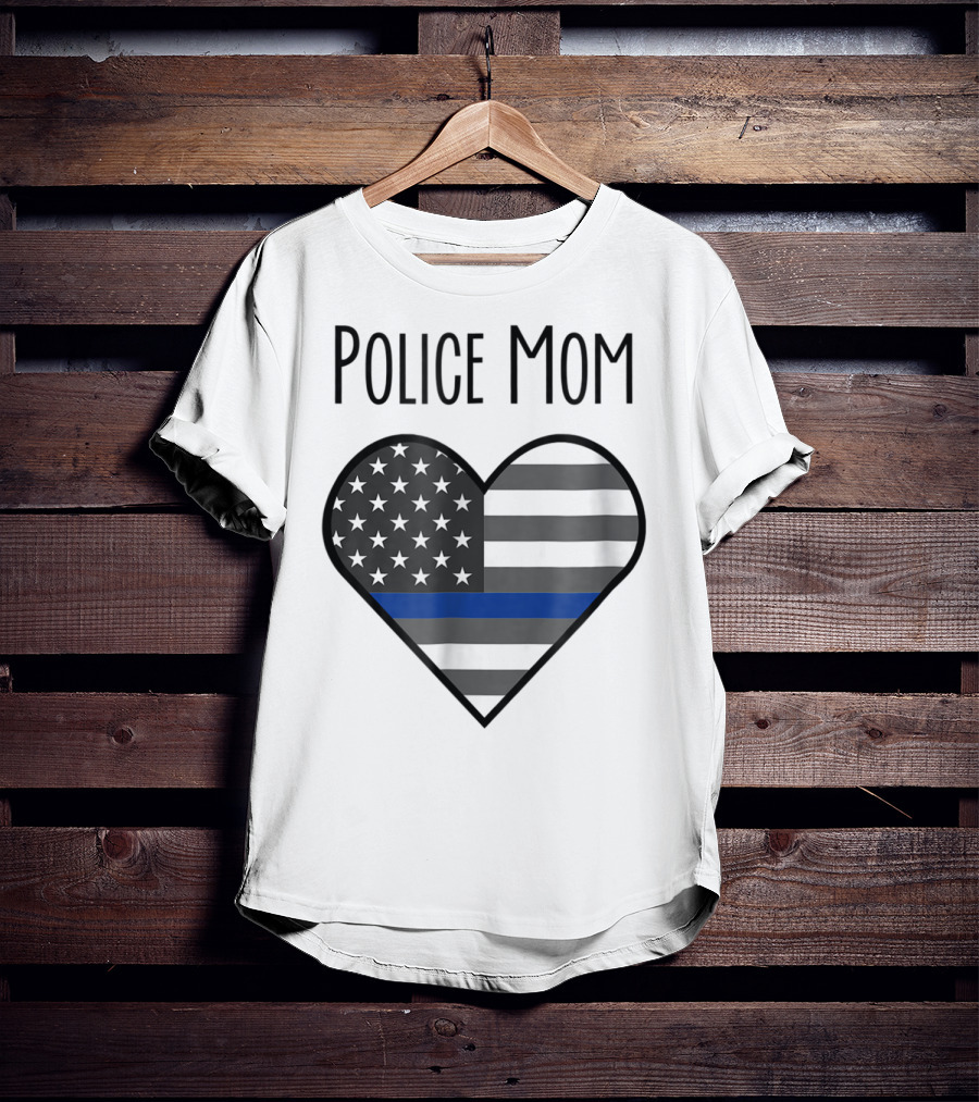 Police Mom Heart Thin Blue Line American Flag T-Shirt