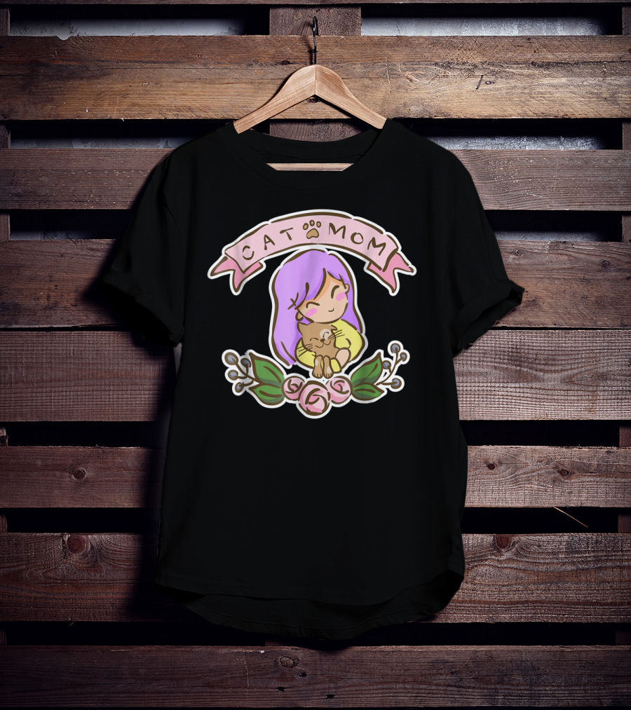 Cat Mom Cute Drawing With Purple Hair And Cat Hug T-Shirt