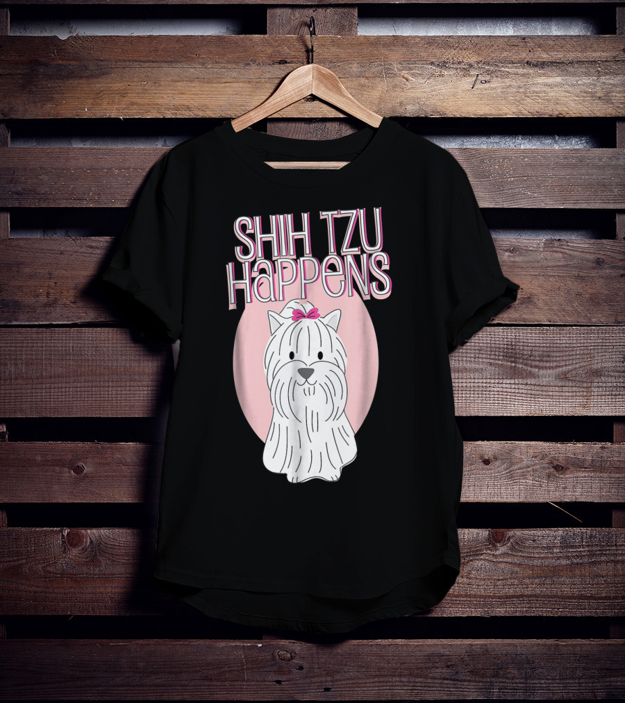 Shih Tzu Happens Dog Pink Bow Oval Background T-Shirt