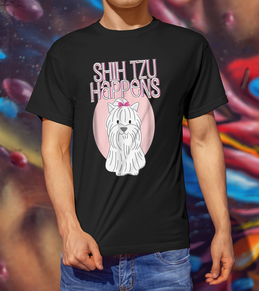 Shih Tzu Happens Dog Pink Bow Oval Background T-Shirt