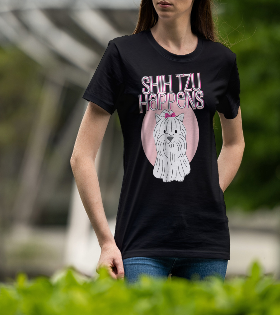 Shih Tzu Happens Dog Pink Bow Oval Background T-Shirt