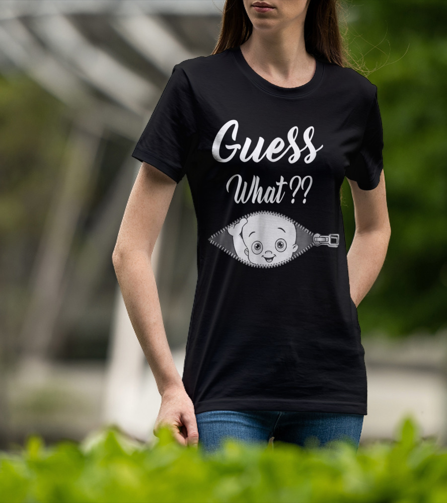 Guess What Pregnancy Announcement Expectant Mom Tee Zipper Baby Reveal T-Shirt