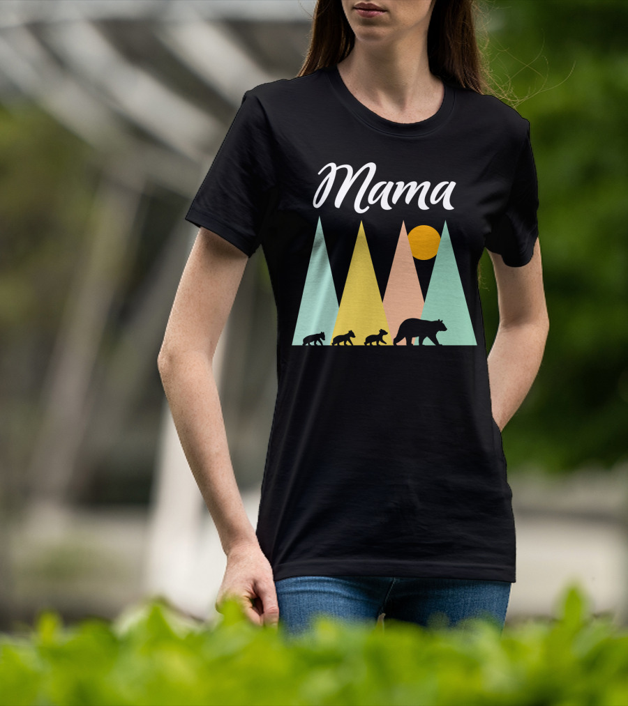 Mama Bear With Three Cubs Camping In The Mountains T-Shirt