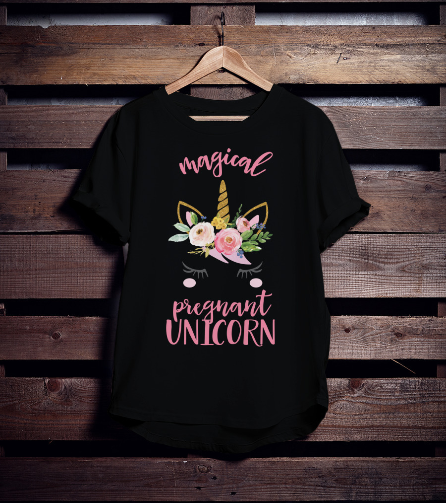 Magical Pregnant Unicorn Floral Horn T-Shirt