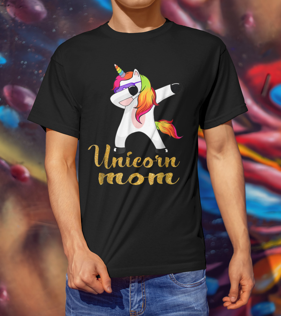 Unicorn Mom Glitter Text Rainbow Hair Dabbing Unicorn T-Shirt