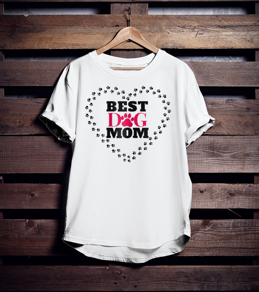 Women BEST DOG MOM Dogmother Heart Paw Prints T-Shirt
