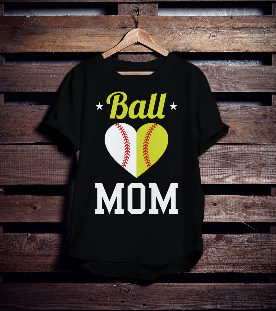 Ball Mom Heart Baseball Softball Dual Sports Mom T-Shirt