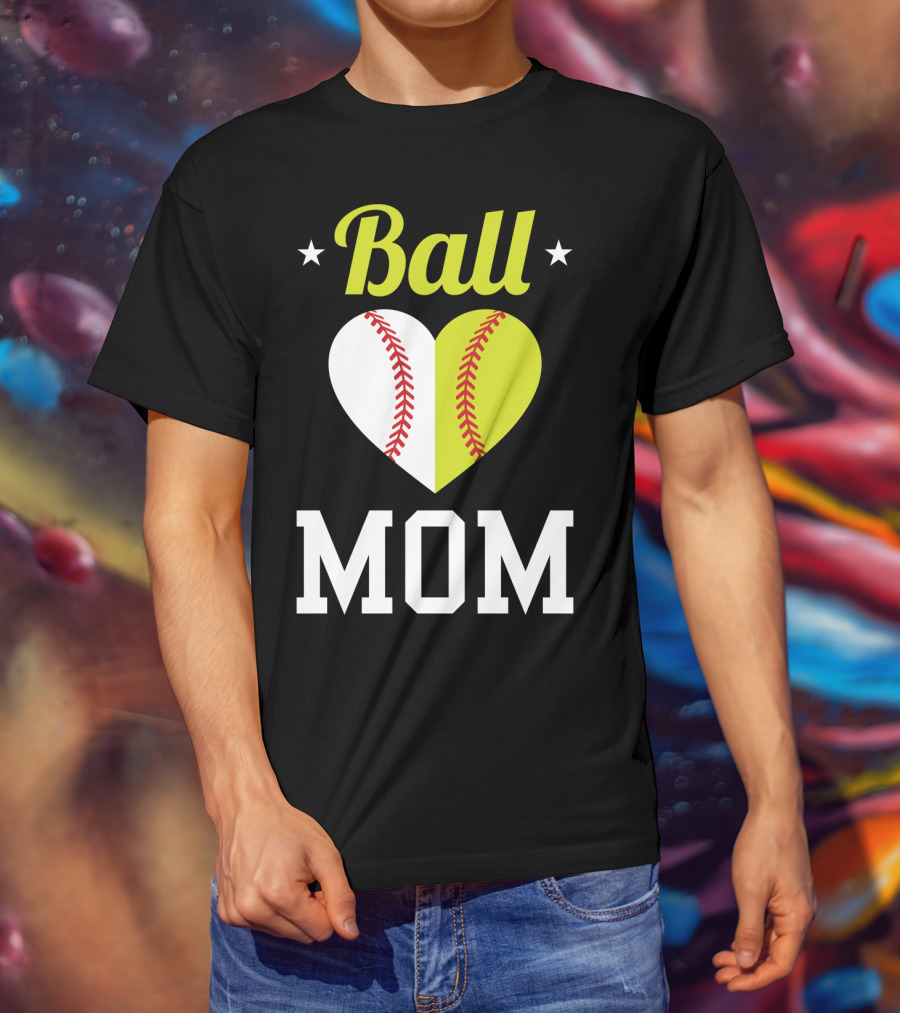 Ball Mom Heart Baseball Softball Dual Sports Mom T-Shirt