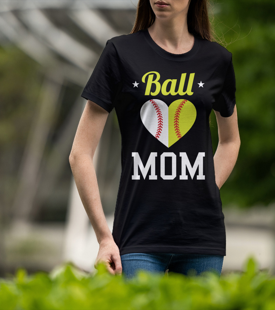 Ball Mom Heart Baseball Softball Dual Sports Mom T-Shirt
