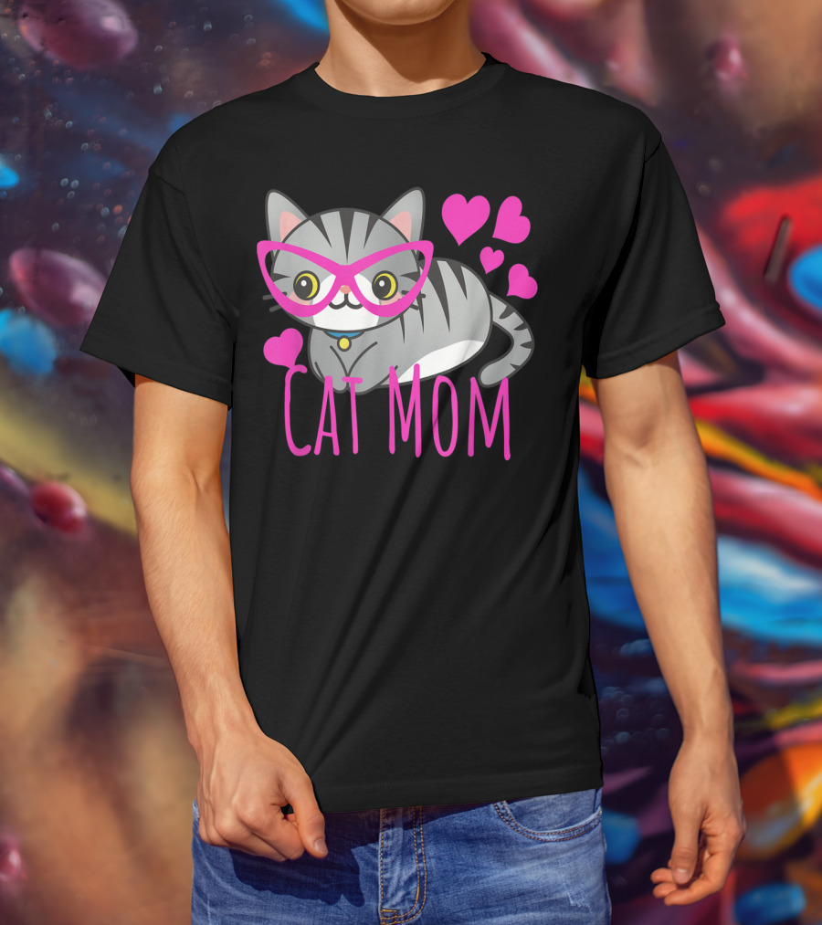 Cute Kawaii Cat Mom With Pink Glasses And Hearts T-Shirt