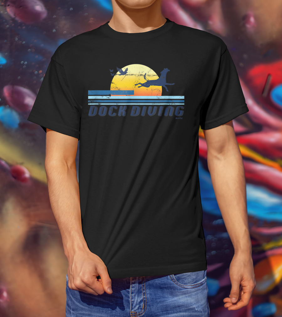 Dock Diving Jumping Dog Mom Dad Retro Sunset T-Shirt