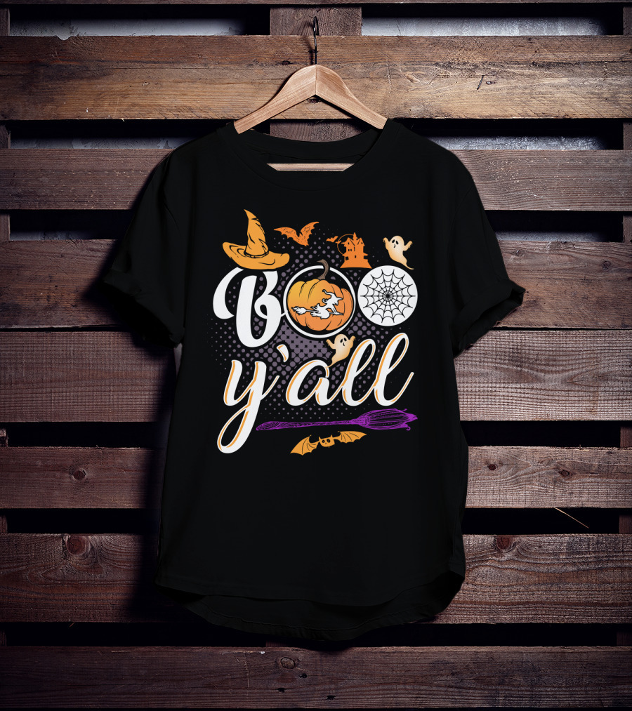 Boo Y'all Halloween Witch Hat Pumpkin Ghost Spiderweb Broomstick T-Shirt