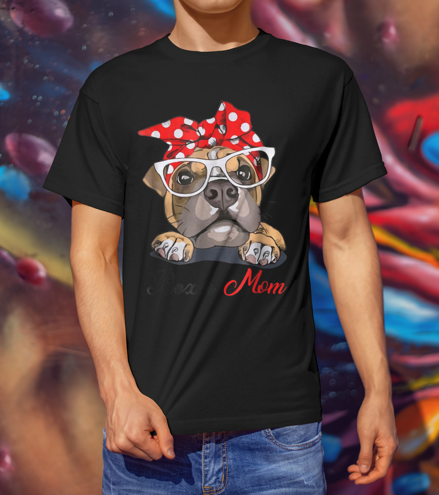 Boxer Mom Funny Boxer Dog With Glasses And Red Polka Dot Bandana T-Shirt
