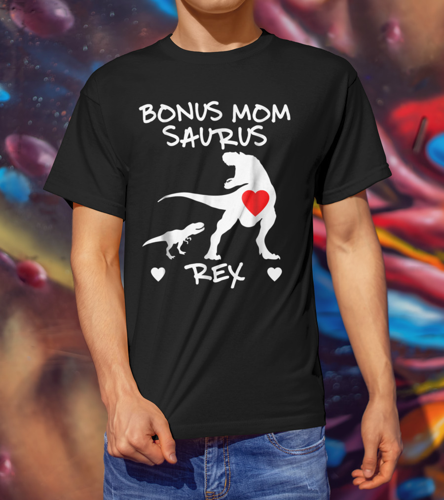 Bonus Mom Saurus Rex Dinosaur Hearts T-Shirt