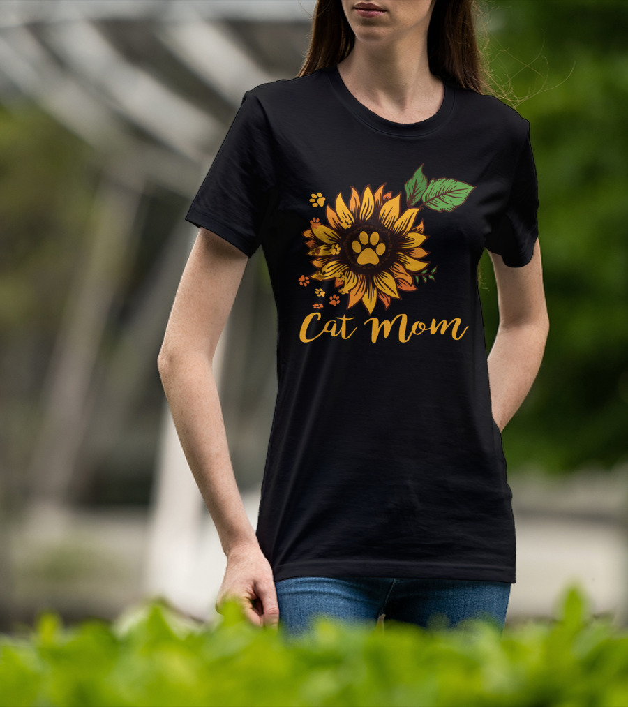 Cat Mom Sunflower Paw Prints T-Shirt