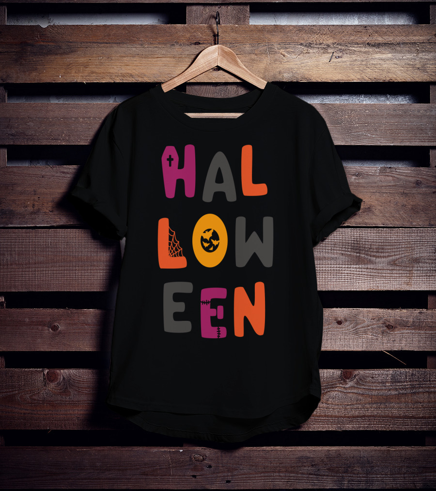 Halloween Cute Teacher Mom Dad Spider Bat Cross Stitched Text T-Shirt