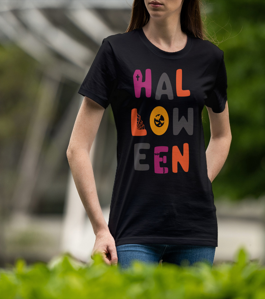 Halloween Cute Teacher Mom Dad Spider Bat Cross Stitched Text T-Shirt