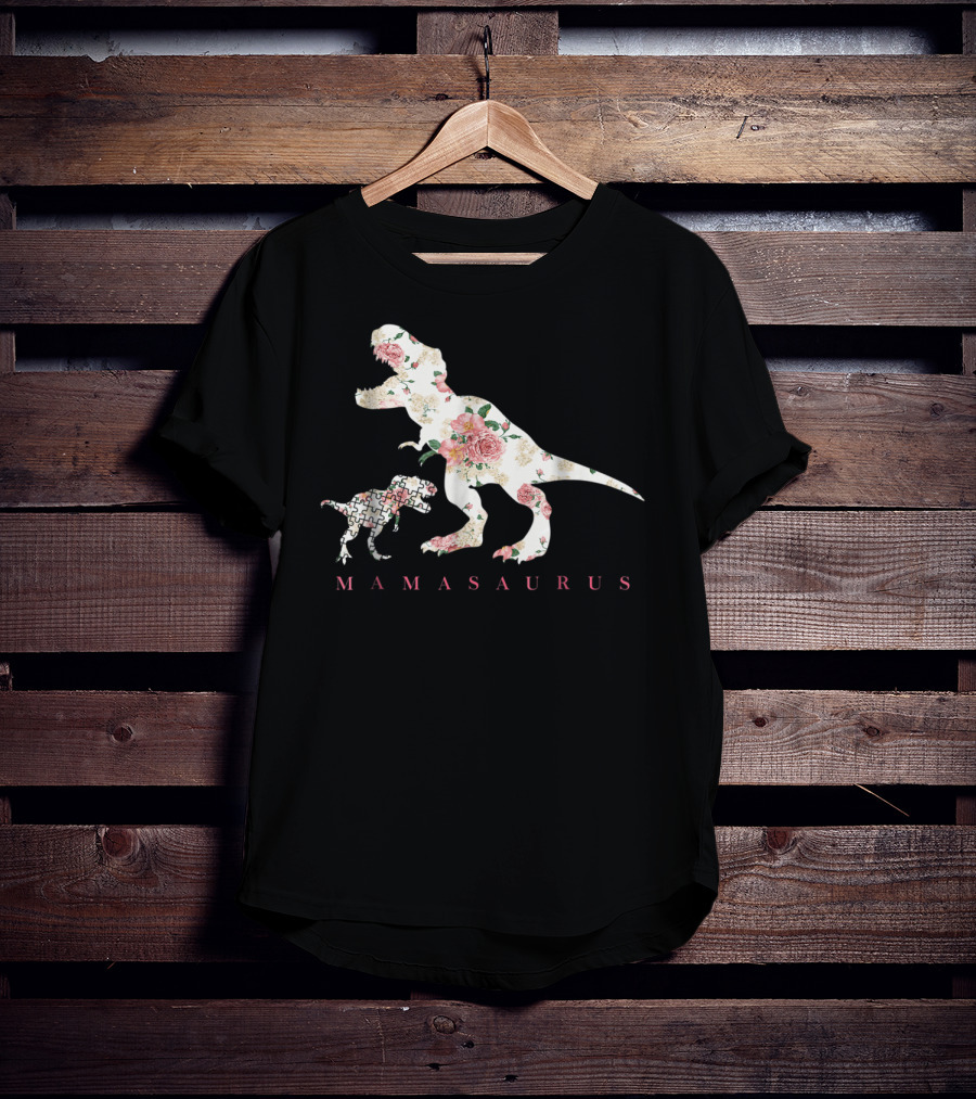 Mamasaurus Dinosaur With Floral And Puzzle Pattern For Autism Awareness T-Shirt