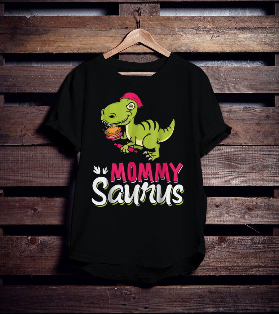Mommy Saurus T-Rex Dinosaur With Burger And Red Bandana T-Shirt