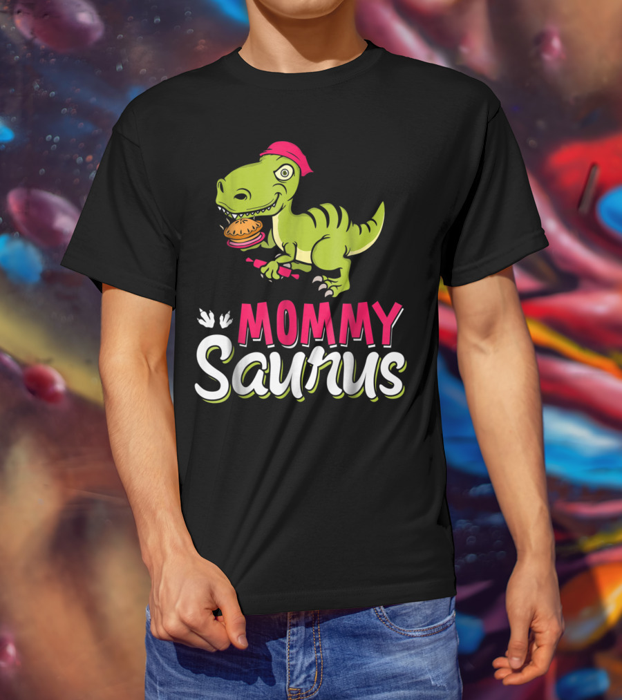 Mommy Saurus T-Rex Dinosaur With Burger And Red Bandana T-Shirt