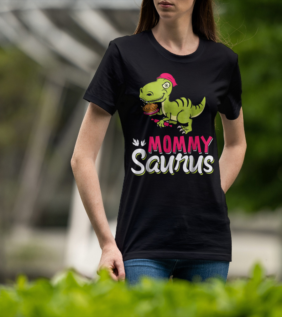 Mommy Saurus T-Rex Dinosaur With Burger And Red Bandana T-Shirt