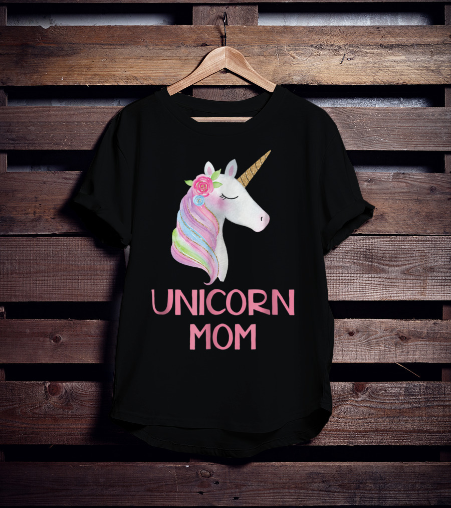 Unicorn Mom Watercolor Pink Flowers And Gold Horn Rainbow Mane T-Shirt