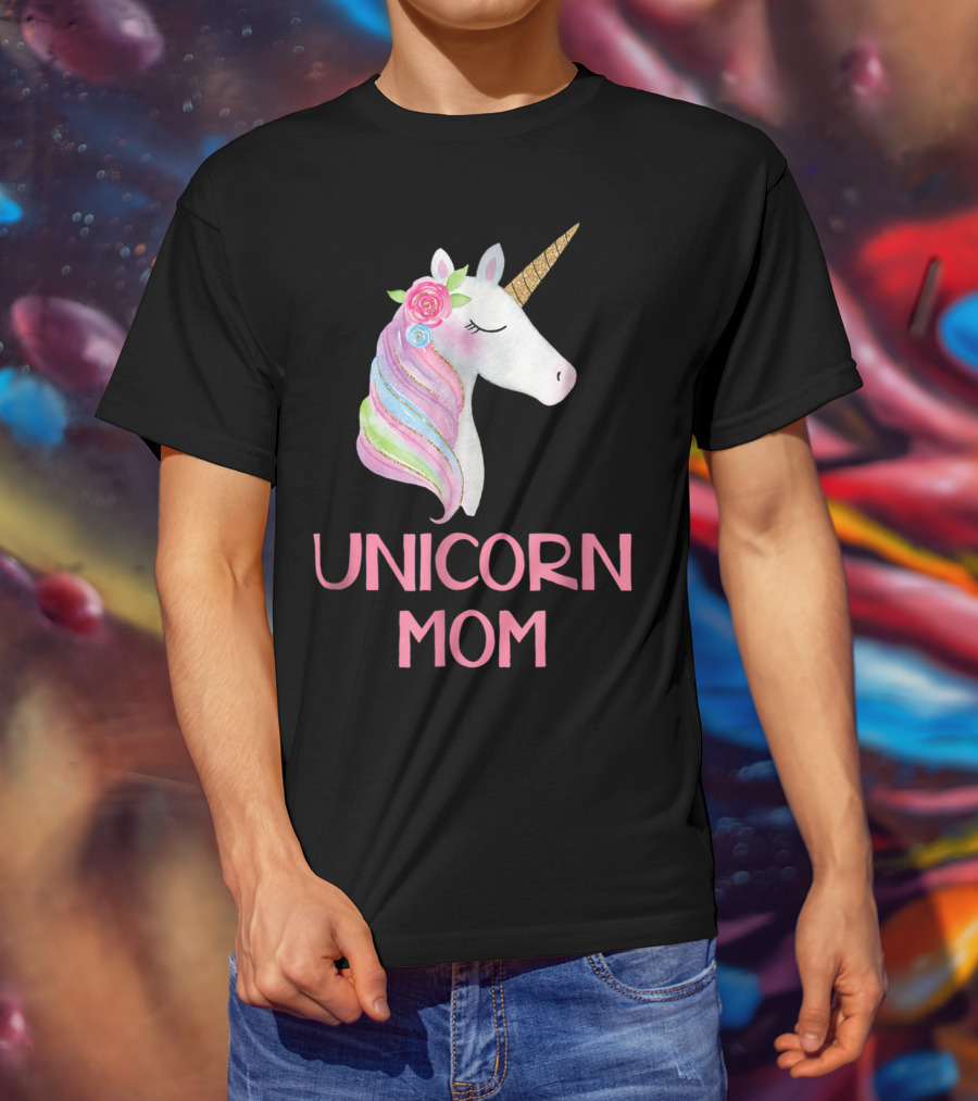 Unicorn Mom Watercolor Pink Flowers And Gold Horn Rainbow Mane T-Shirt