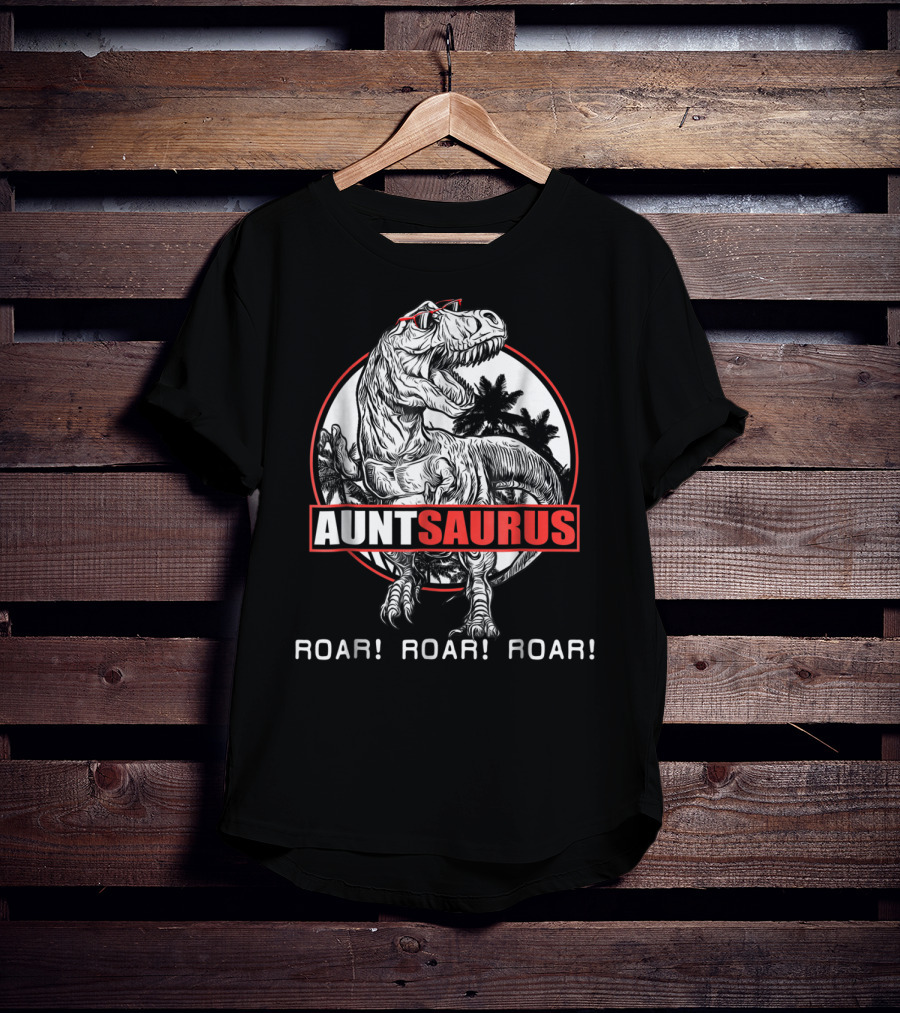 Auntsaurus Roar Roar Roar Dinosaur With Sunglasses And Palm Trees T-Shirt