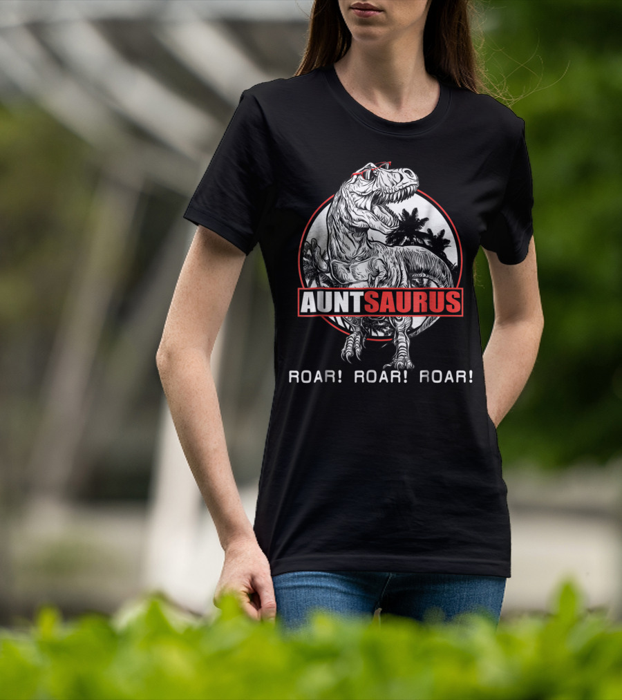 Auntsaurus Roar Roar Roar Dinosaur With Sunglasses And Palm Trees T-Shirt