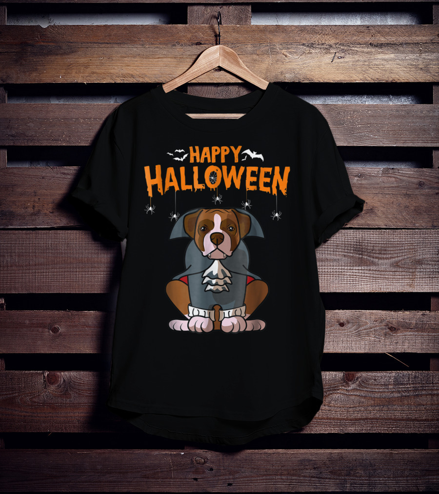 Happy Halloween Funny Boxer Dog Costume With Bats And Spiders T-Shirt