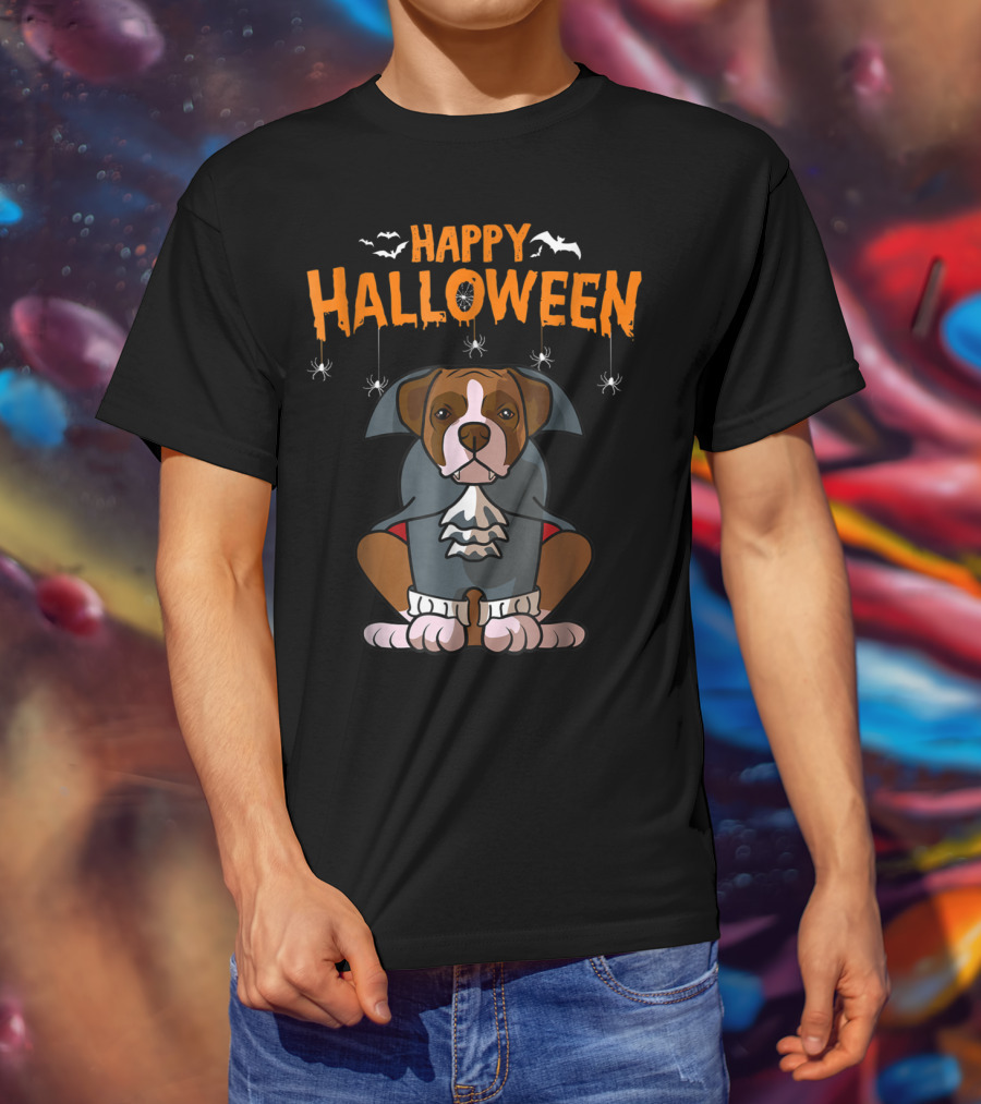 Happy Halloween Funny Boxer Dog Costume With Bats And Spiders T-Shirt