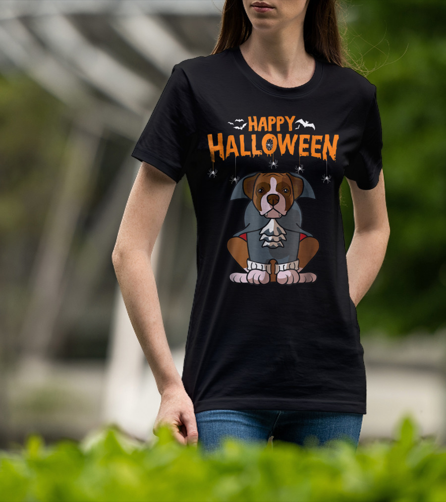 Happy Halloween Funny Boxer Dog Costume With Bats And Spiders T-Shirt