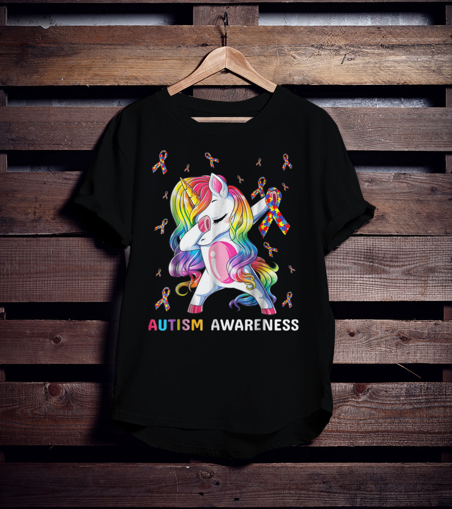 Autism Awareness Unicorn Dabbing With Rainbow Puzzle Ribbons T-Shirt
