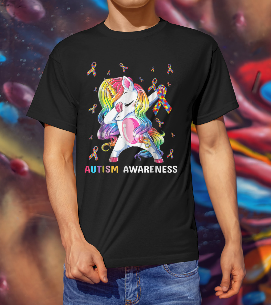 Autism Awareness Unicorn Dabbing With Rainbow Puzzle Ribbons T-Shirt