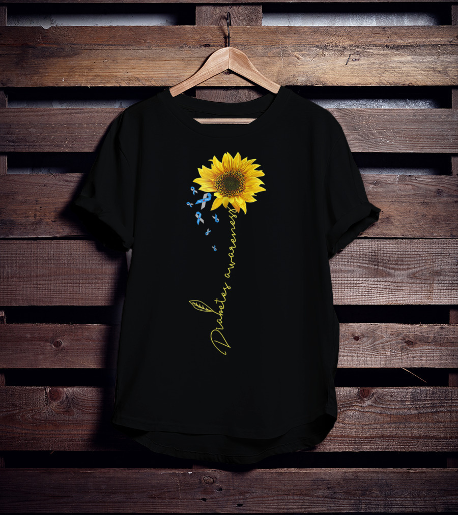 Diabetes Awareness Sunflower With Blue Ribbons T-Shirt