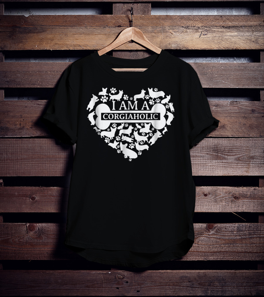 I Am A Corgiaholic Corgi Silhouette Heart Paw Prints Bone T-Shirt