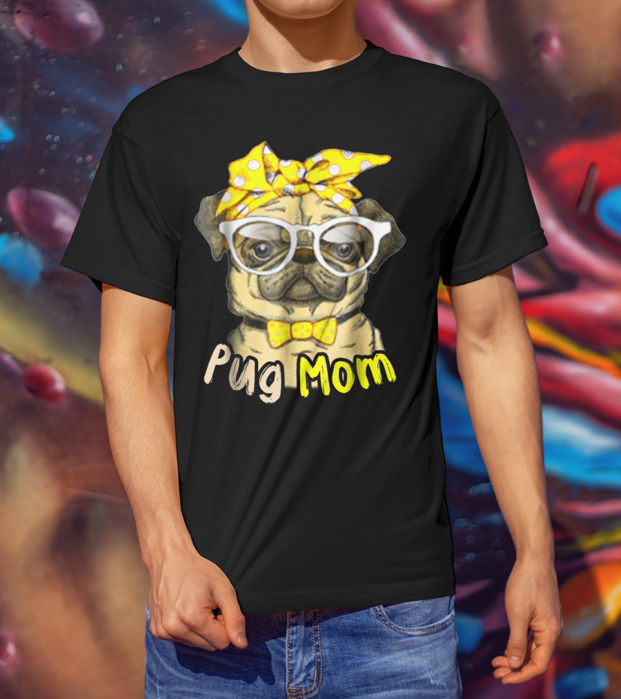 Pug Mom With Yellow Polka Dot Bow And Glasses For Dog Lovers T-Shirt