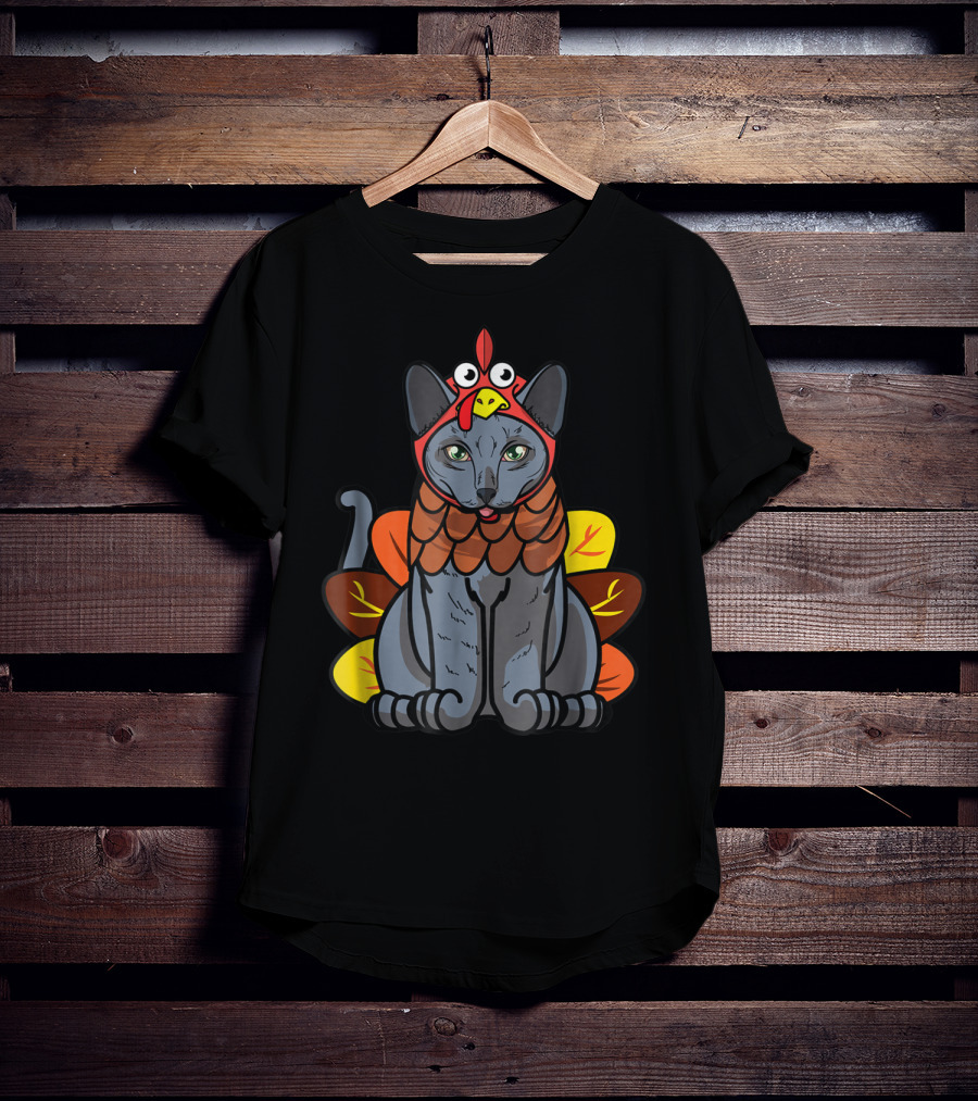 Thanksgiving Greetings Blue Cat Mom Owner With Turkey Costume T-Shirt