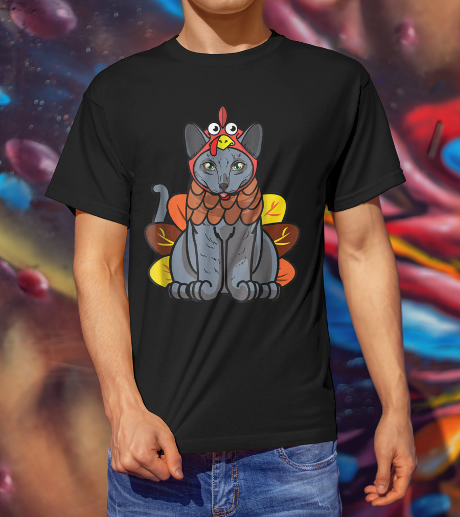 Thanksgiving Greetings Blue Cat Mom Owner With Turkey Costume T-Shirt